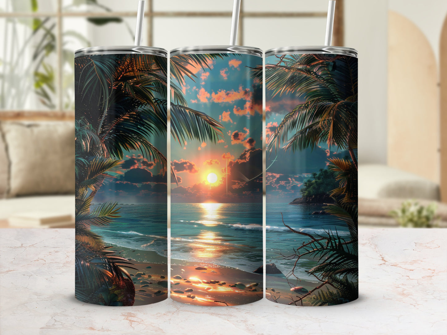 Tropical sunset beach scene with palm trees on a insulated tumbler.