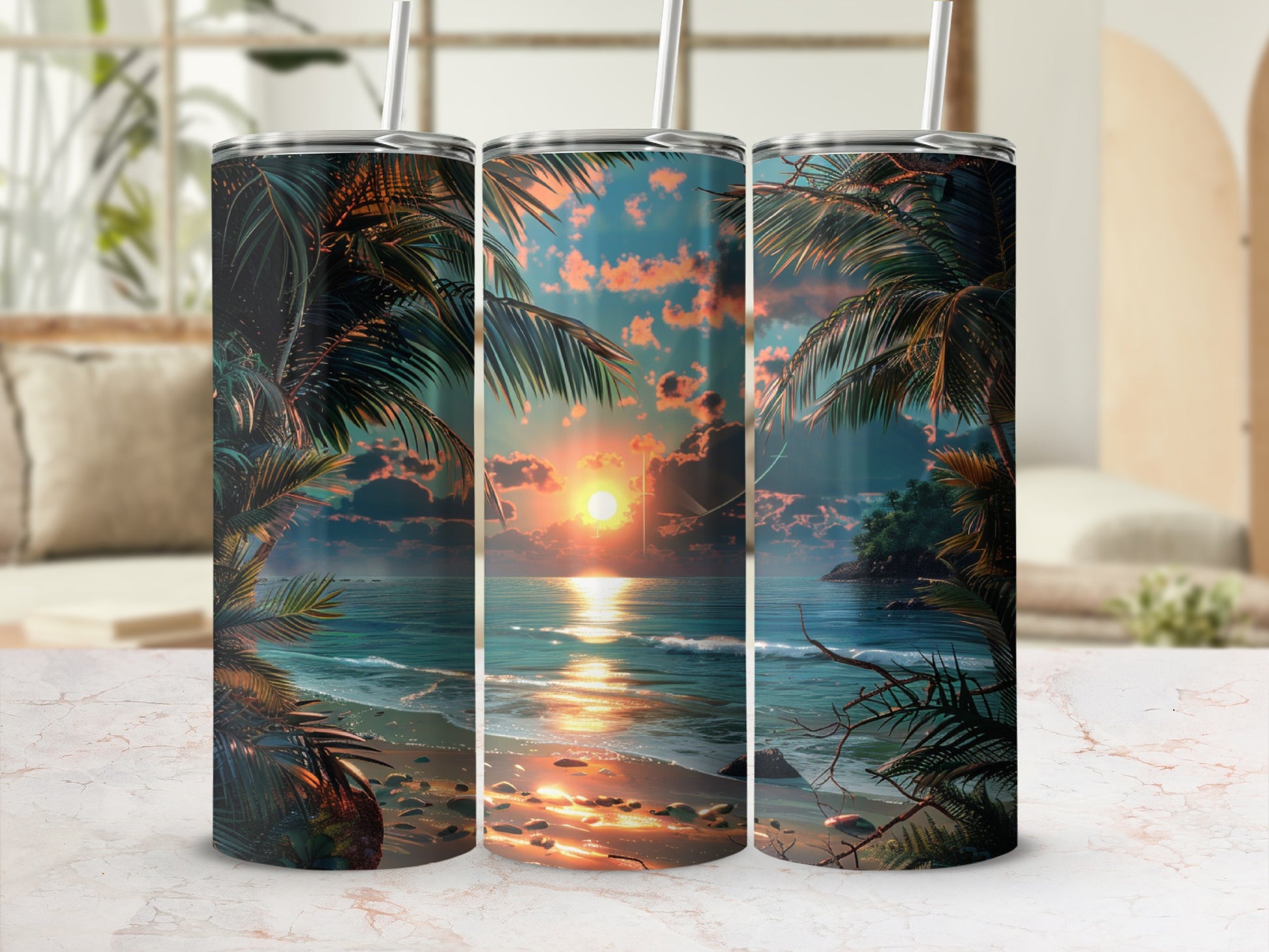 Tropical sunset beach scene with palm trees on a insulated tumbler.