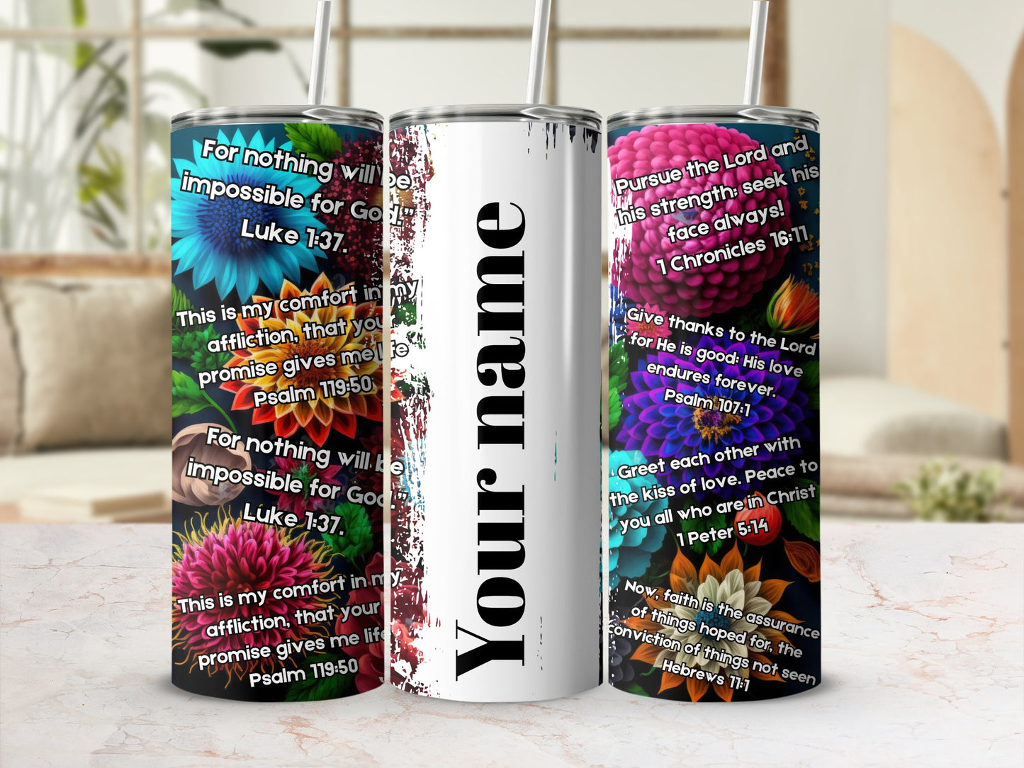Customizable Floral Design Tumbler with Bible Verses
