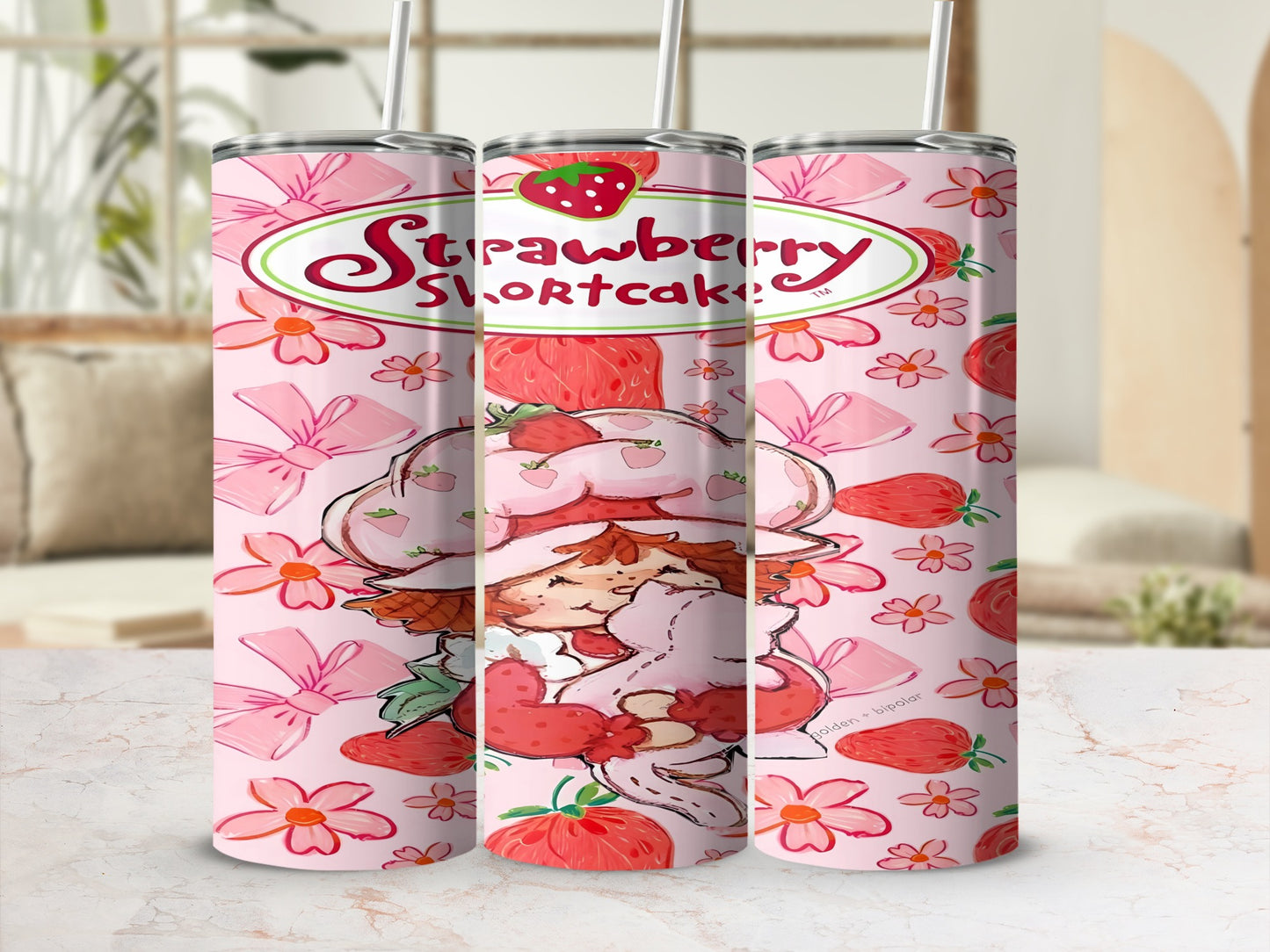Strawberry Shortcake character with strawberries and bows on a pink background.