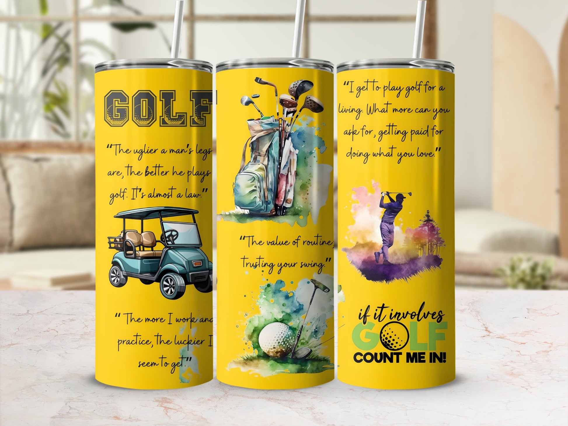 Golf Themed Tumbler Cups with Colorful Designs