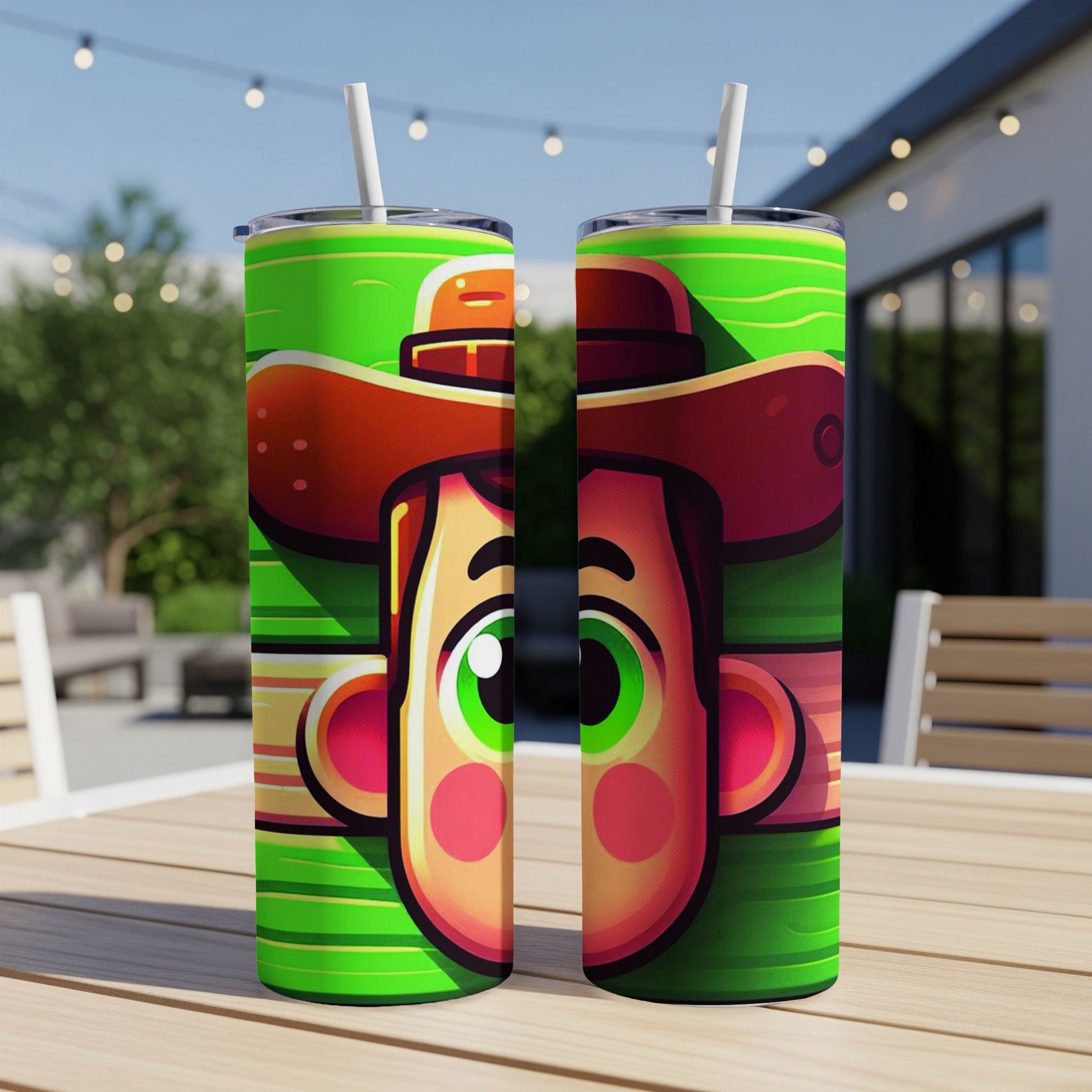 Toy Story's Woody character illustration on two green tumblers with straws.