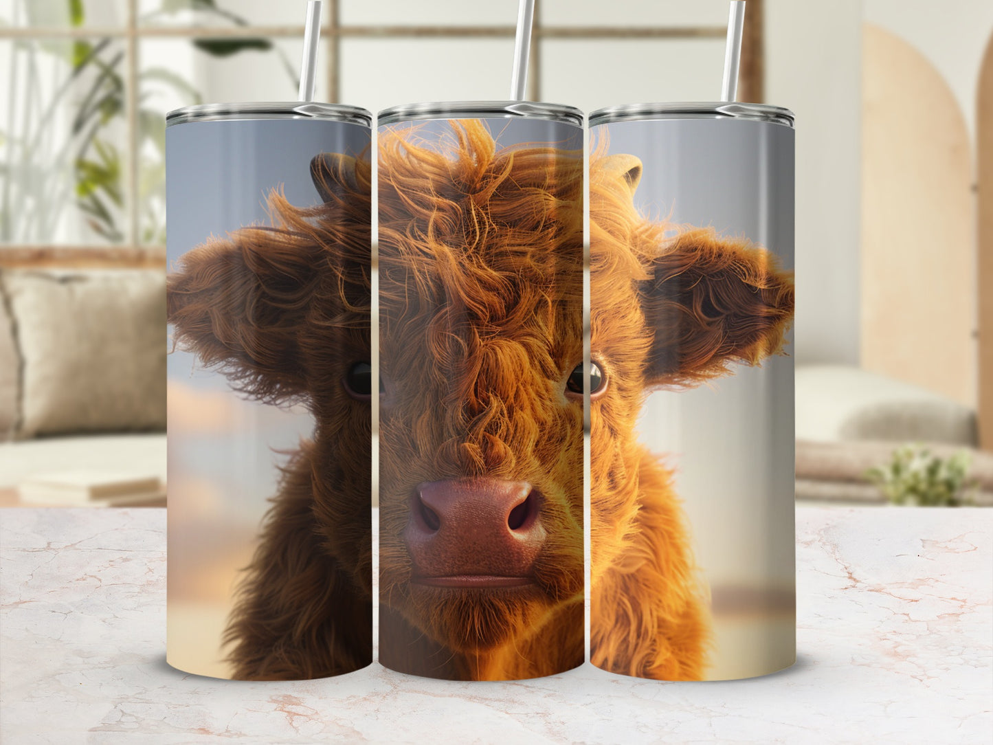 Fluffy Highland cow face on a tumbler, centered, with soft lighting.