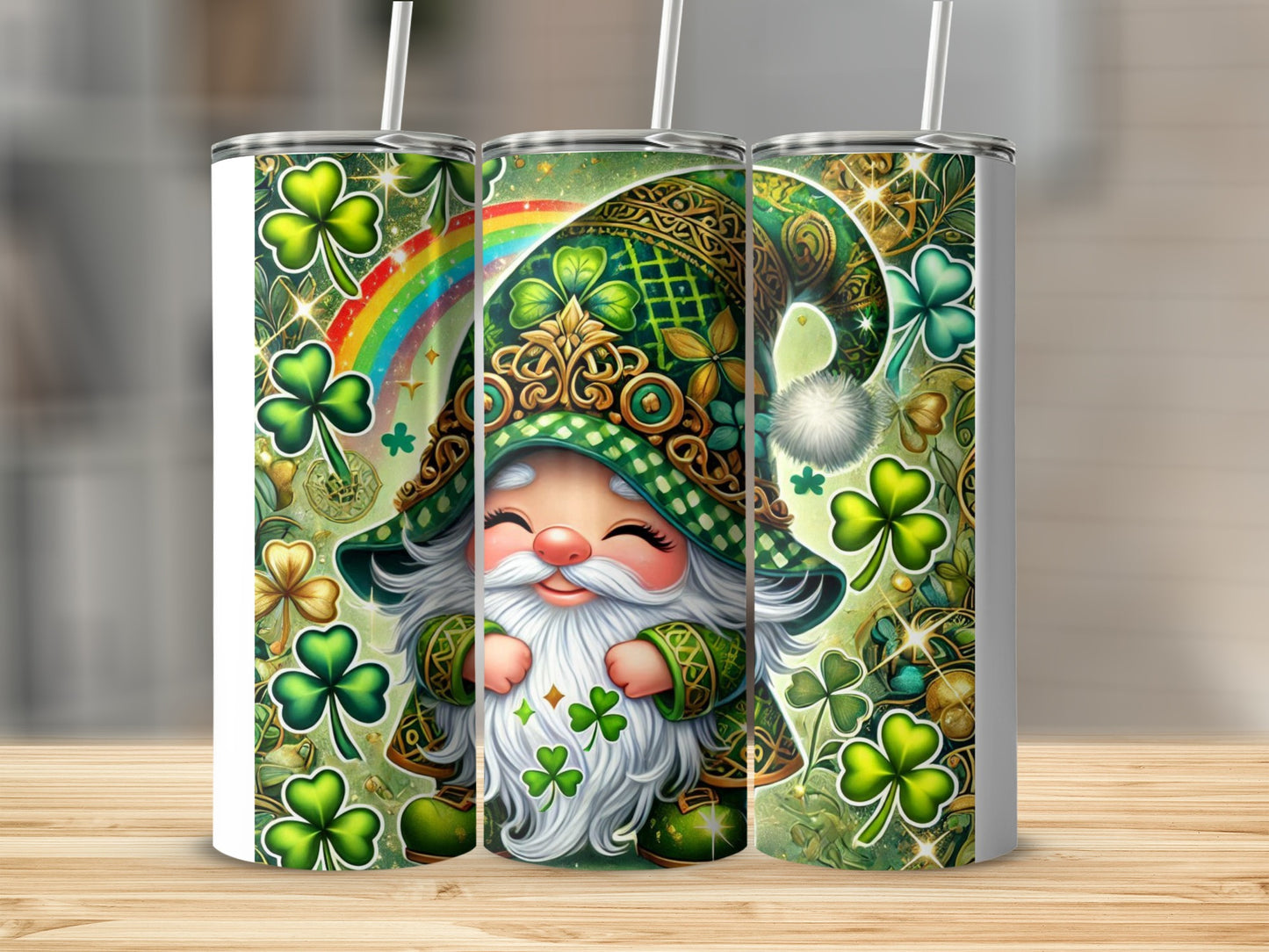 St. Patrick's Day gnome with shamrocks and a rainbow on a tumbler.