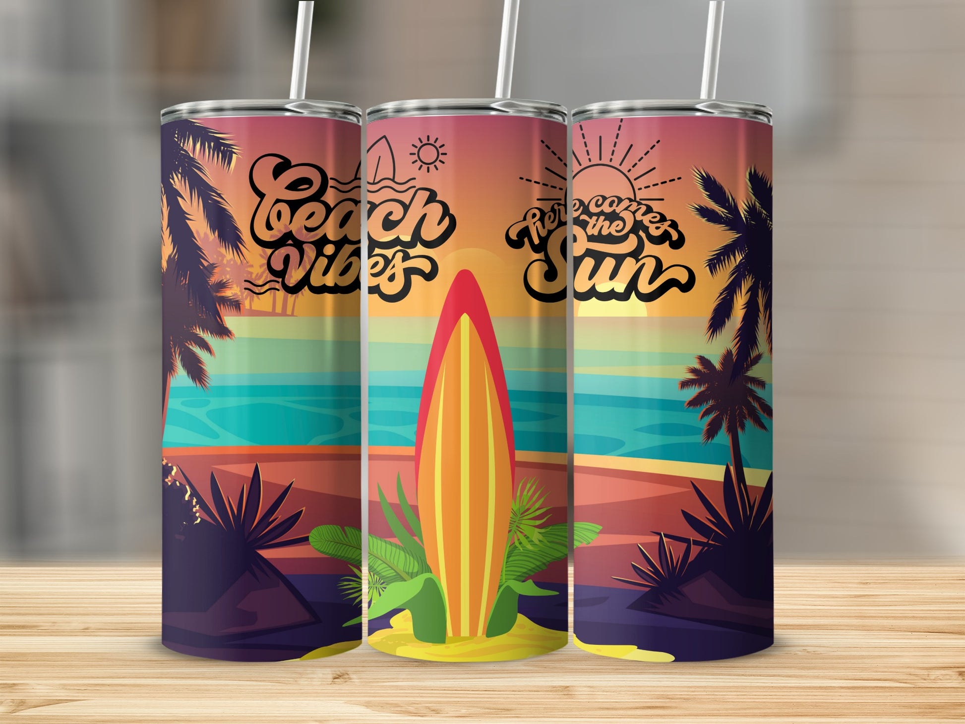 Relaxing Beach Vibes Surfboard Tumbler Design
