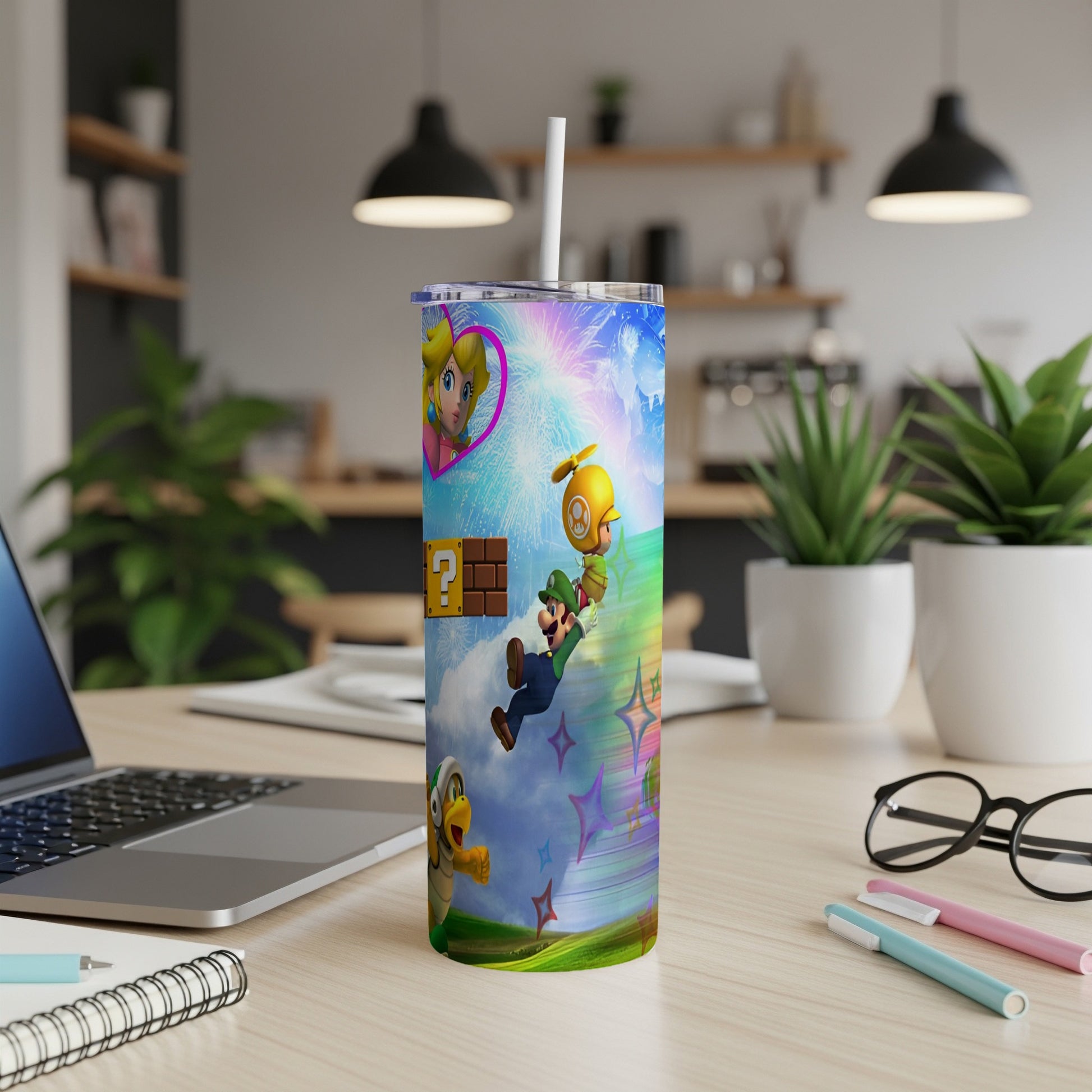 Mario, Luigi, and Peach characters on a colorful, abstract background.