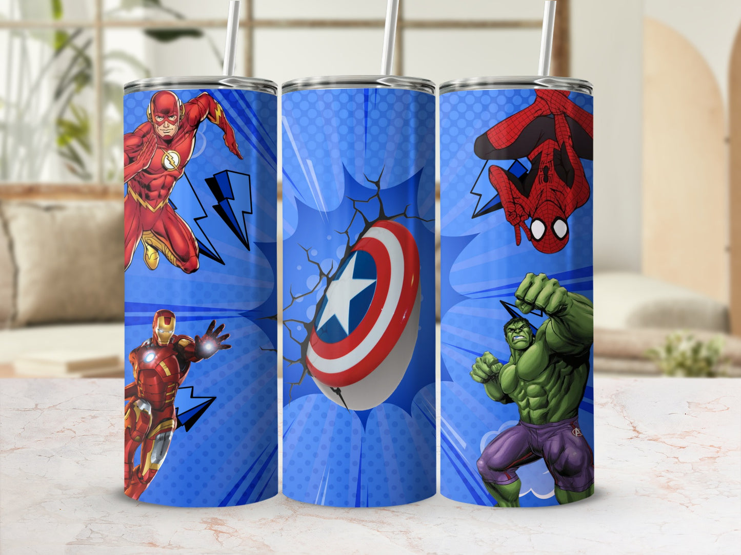 Superhero Themed Stainless Steel Tumbler with Straw