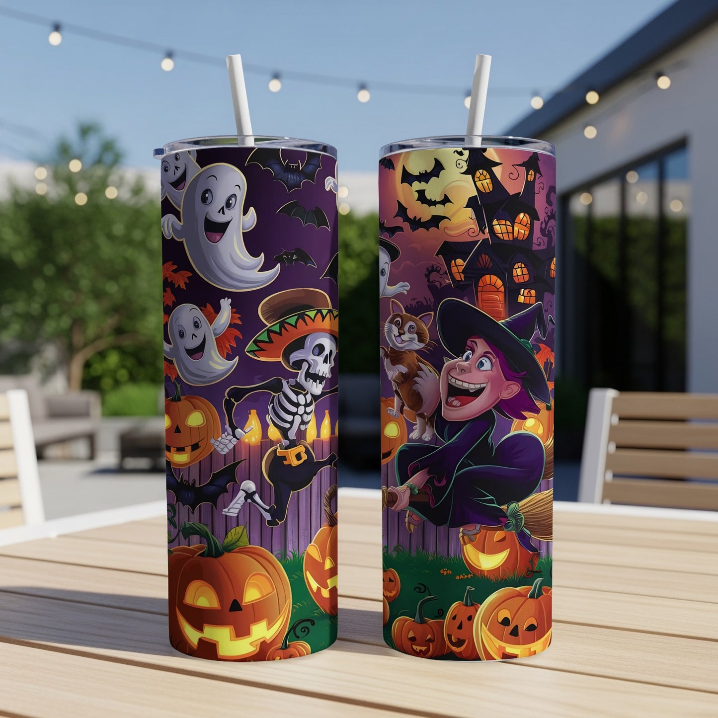 Two tumblers with Halloween graphics, featuring ghosts, a skeleton, a witch, and pumpkins.