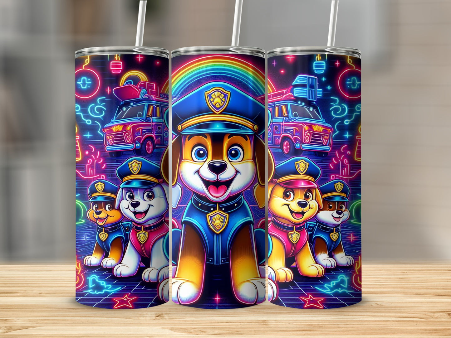 Adorable Police Puppies with Fire Truck Design Tumbler