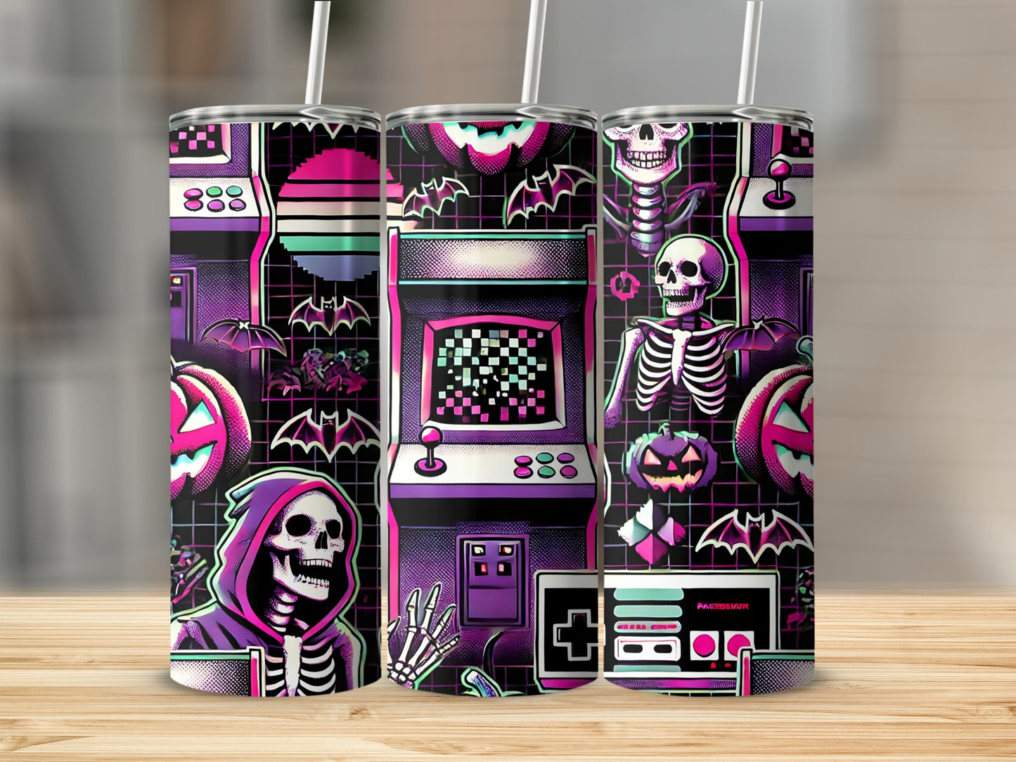 Retro arcade game theme with skeletons, bats, and pumpkins on a tumbler.