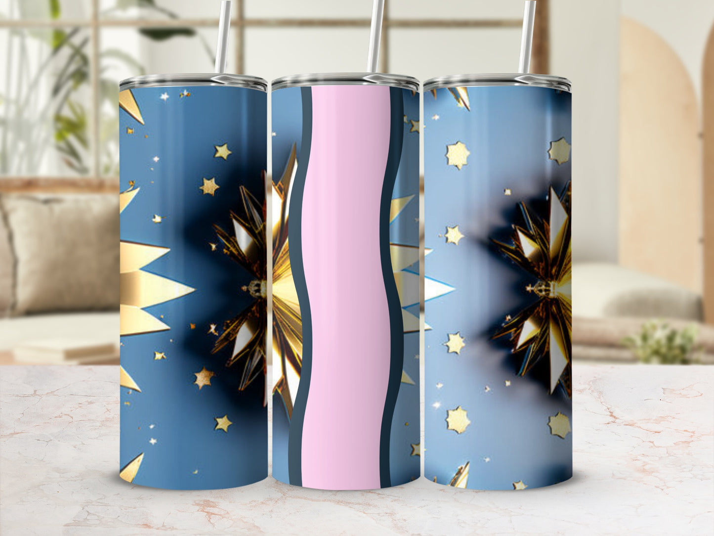 Blue tumbler with gold stars and pink wave design.