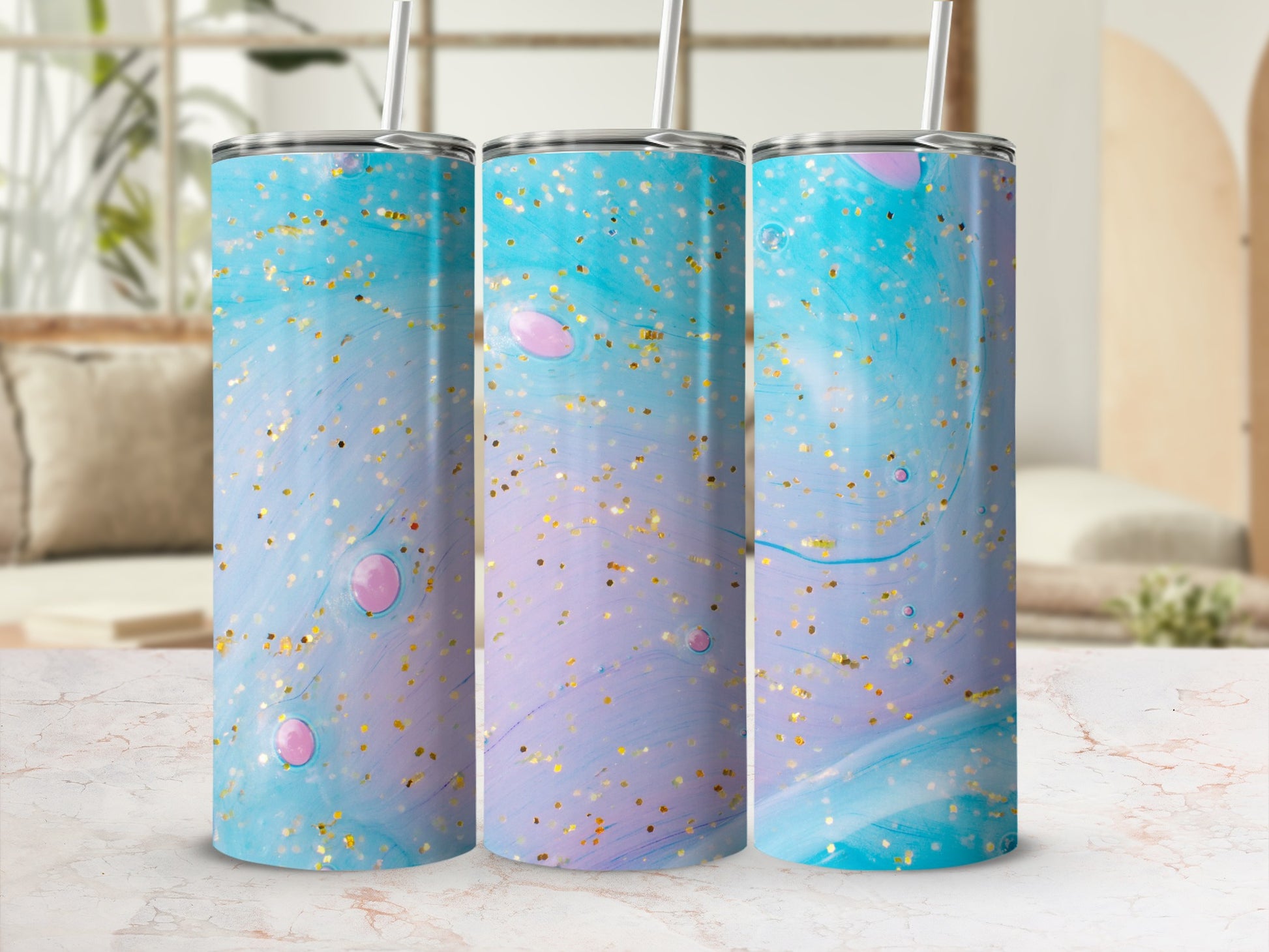 Turquoise and purple swirl tumbler with gold glitter accents.