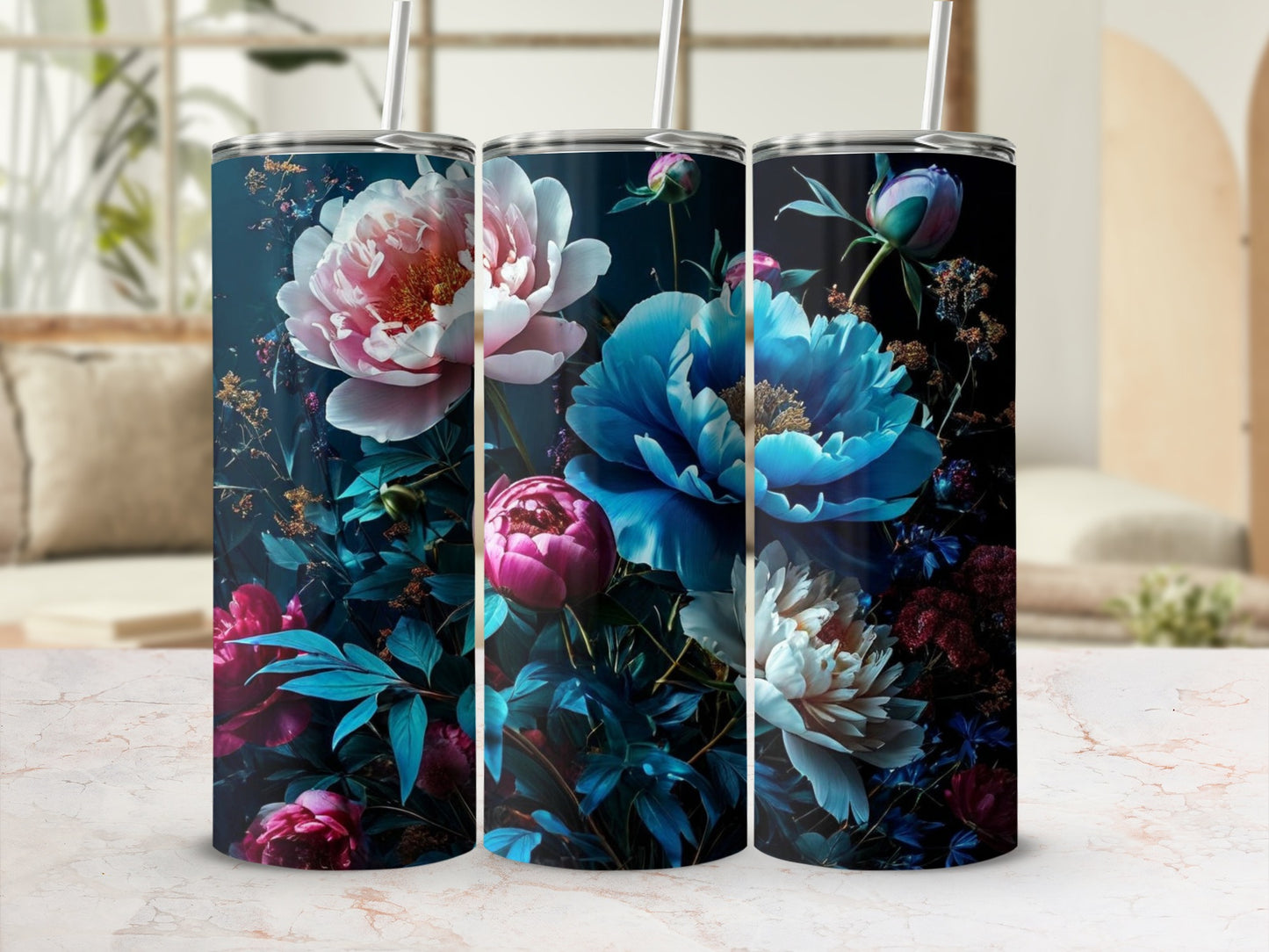Three tumblers with a dark floral pattern featuring large peonies.