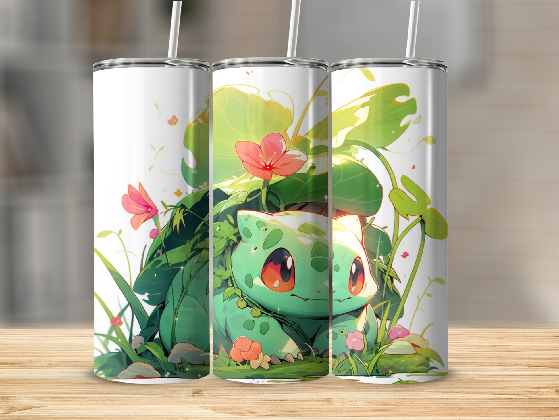 Adorable Floral Green Creature Design Tumbler Cup