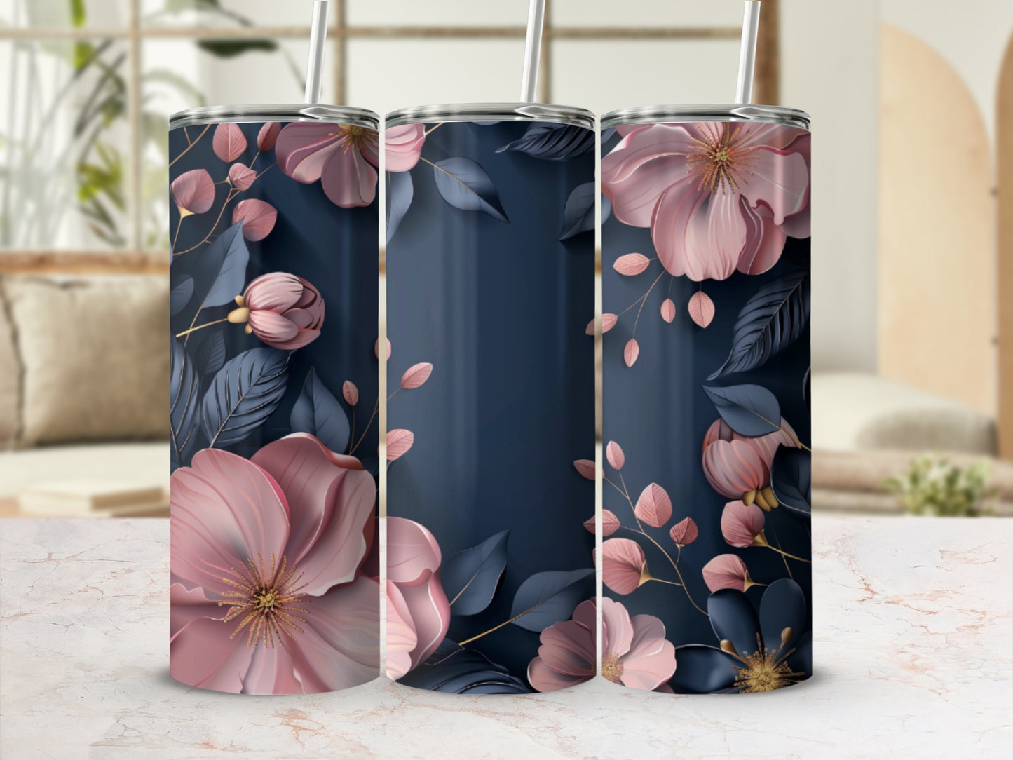 Three tumblers with a navy blue background and large pink floral designs.