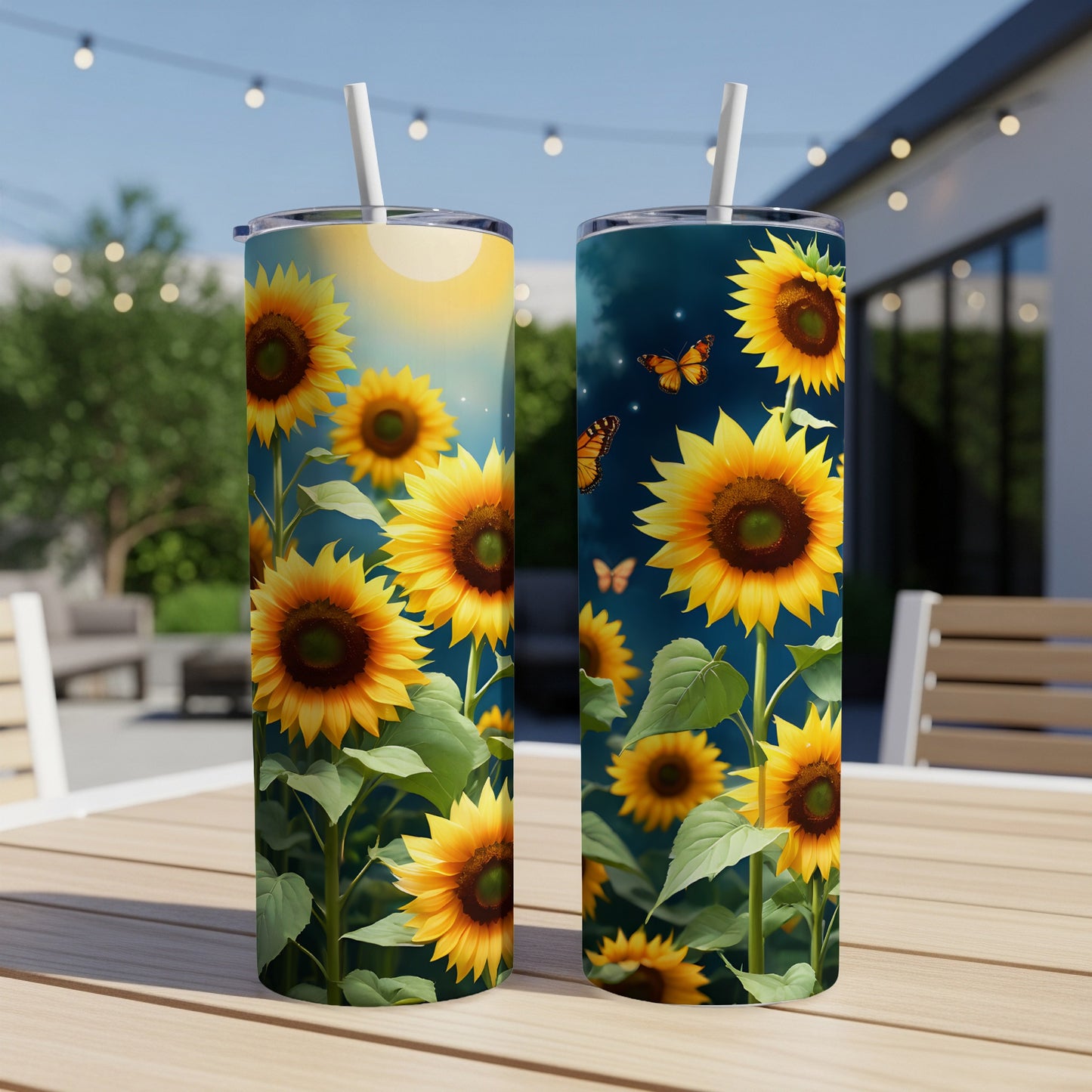 Two tumblers with sunflower and butterfly designs on a table outdoors.