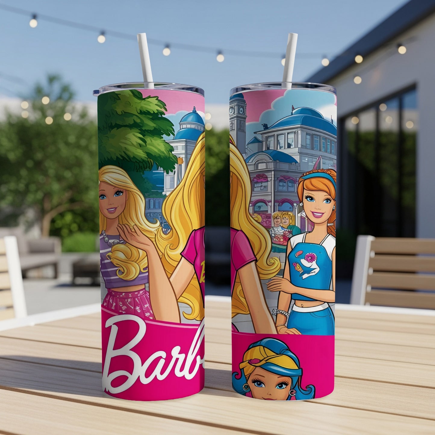 Two Barbie tumblers on a table, featuring Barbie characters and pink Barbie logo.