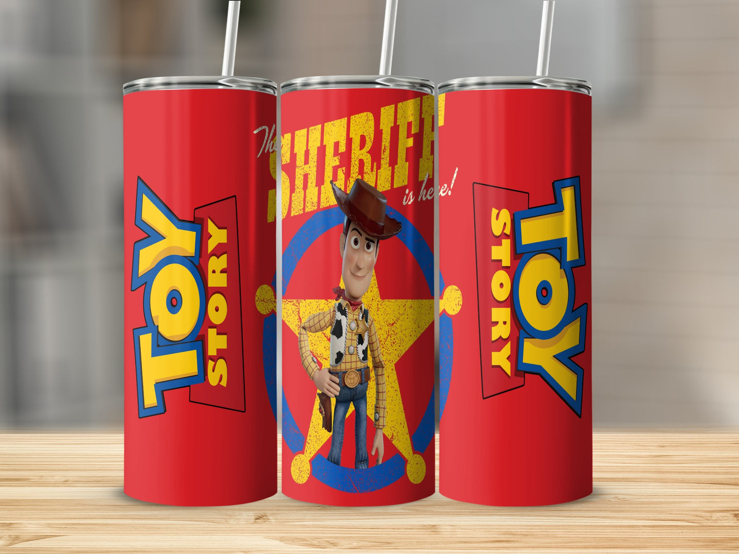 Woody from Toy Story on a red tumbler with the Toy Story logo.