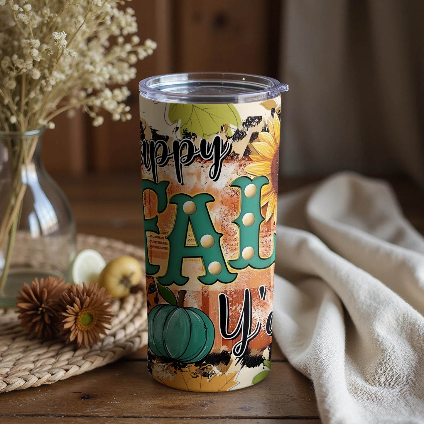Happy Fall Y'all Pumpkin Sunflower Tumbler Cup
