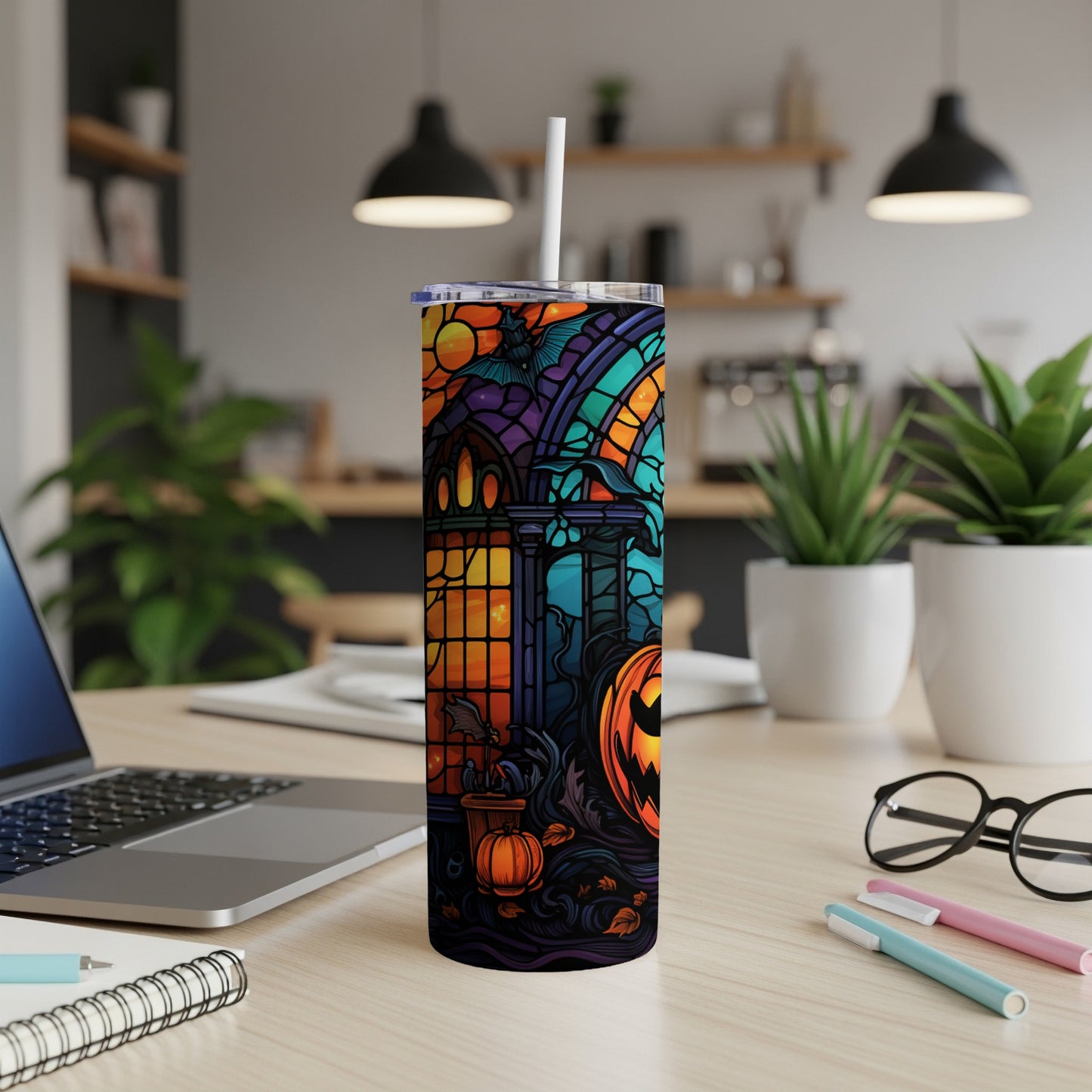 Halloween tumbler with stained glass, pumpkin, and bats.