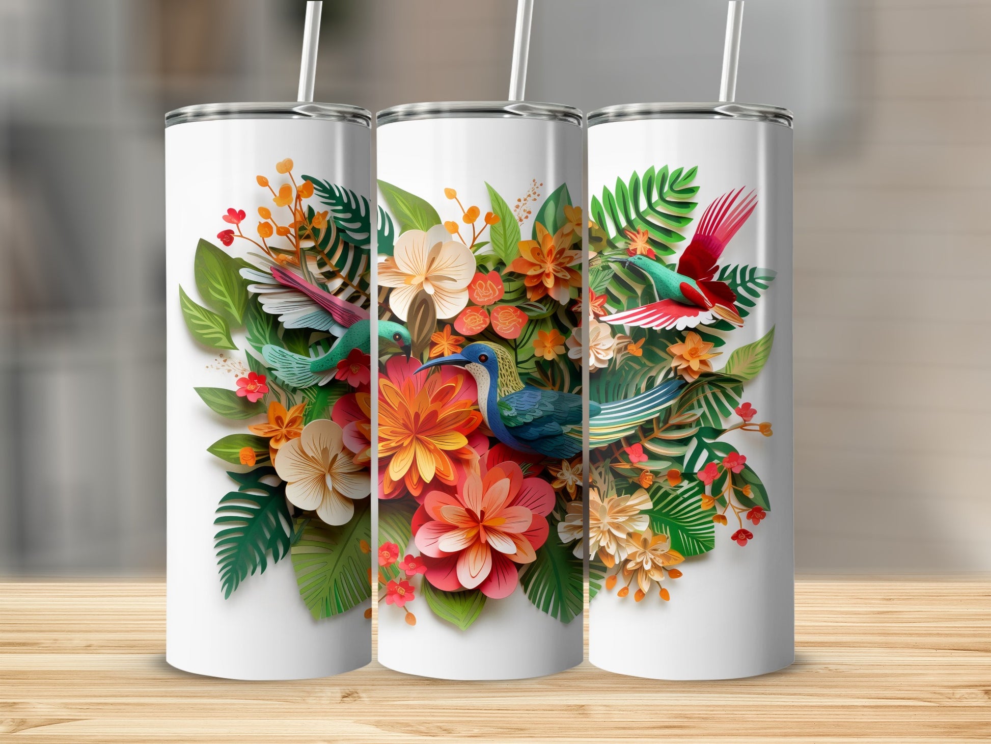 Vibrant Tropical Birds and Flowers Travel Tumbler