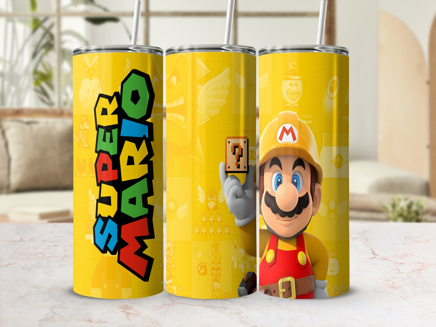 Mario holding a question block, on a yellow Super Mario themed tumbler.