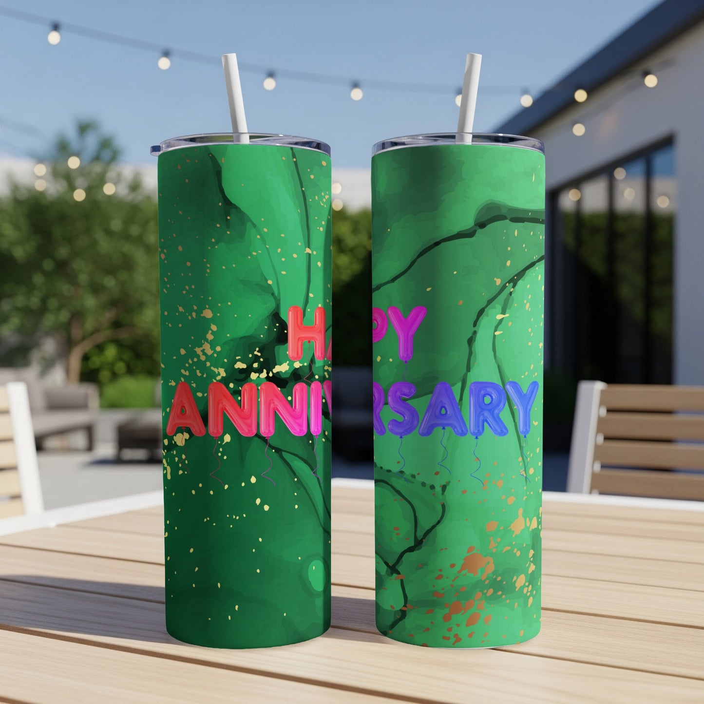 Green marble tumbler with "Happy Anniversary" in colorful text.