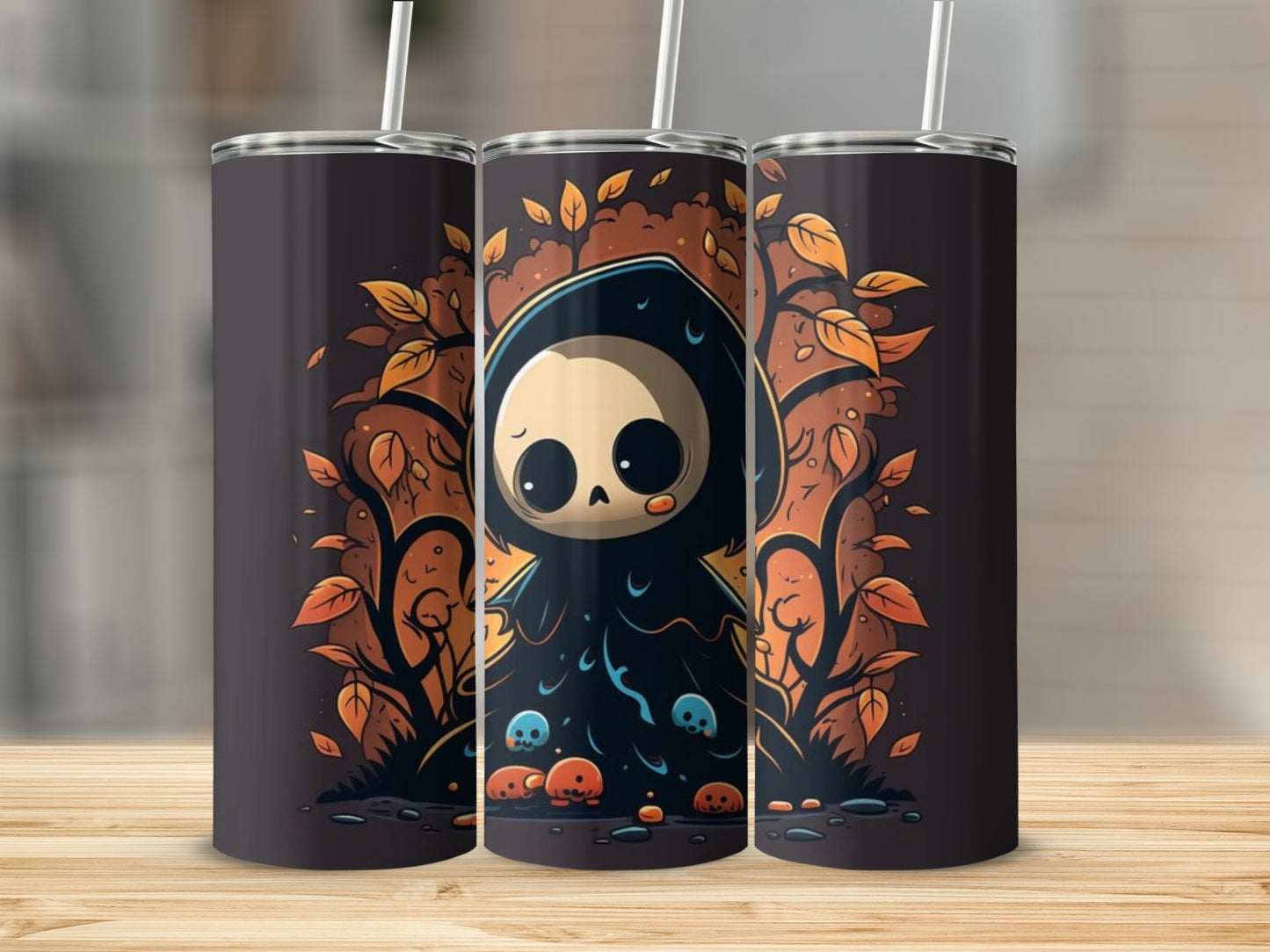 Cute Grim Reaper With Autumn Leaves Tumbler Product