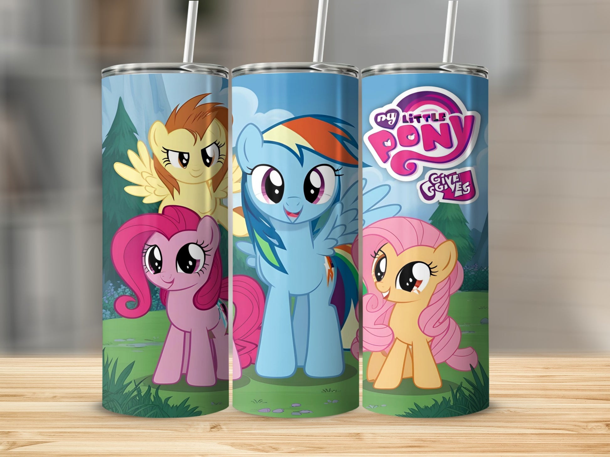 My Little Pony Give Thanks tumbler with Rainbow Dash, Pinkie Pie, and Fluttershy.