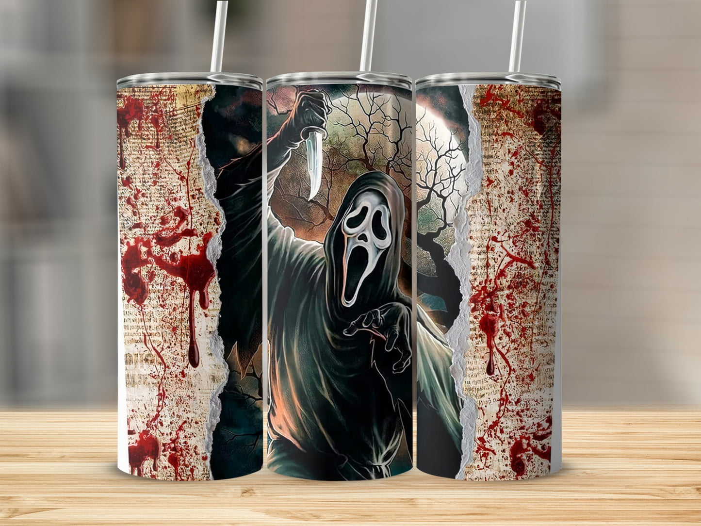 Tumblers feature Ghostface from Scream holding a knife against a bloody, torn paper background.