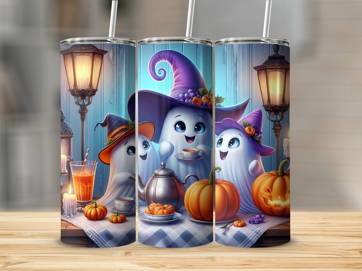 Three tumblers featuring cute ghosts, pumpkins, and Halloween-themed tea party decorations.