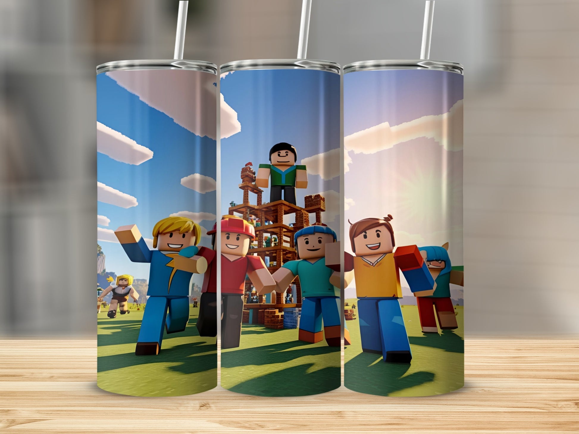 Roblox characters on a grassy field with a blue sky and clouds.