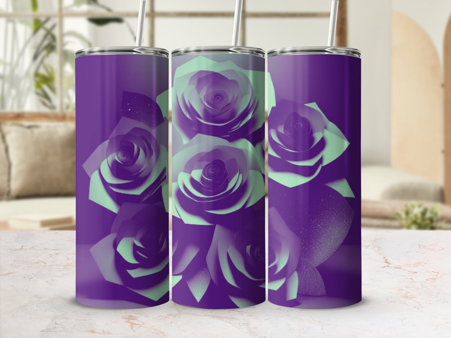 Purple tumbler with a mint green rose floral design.