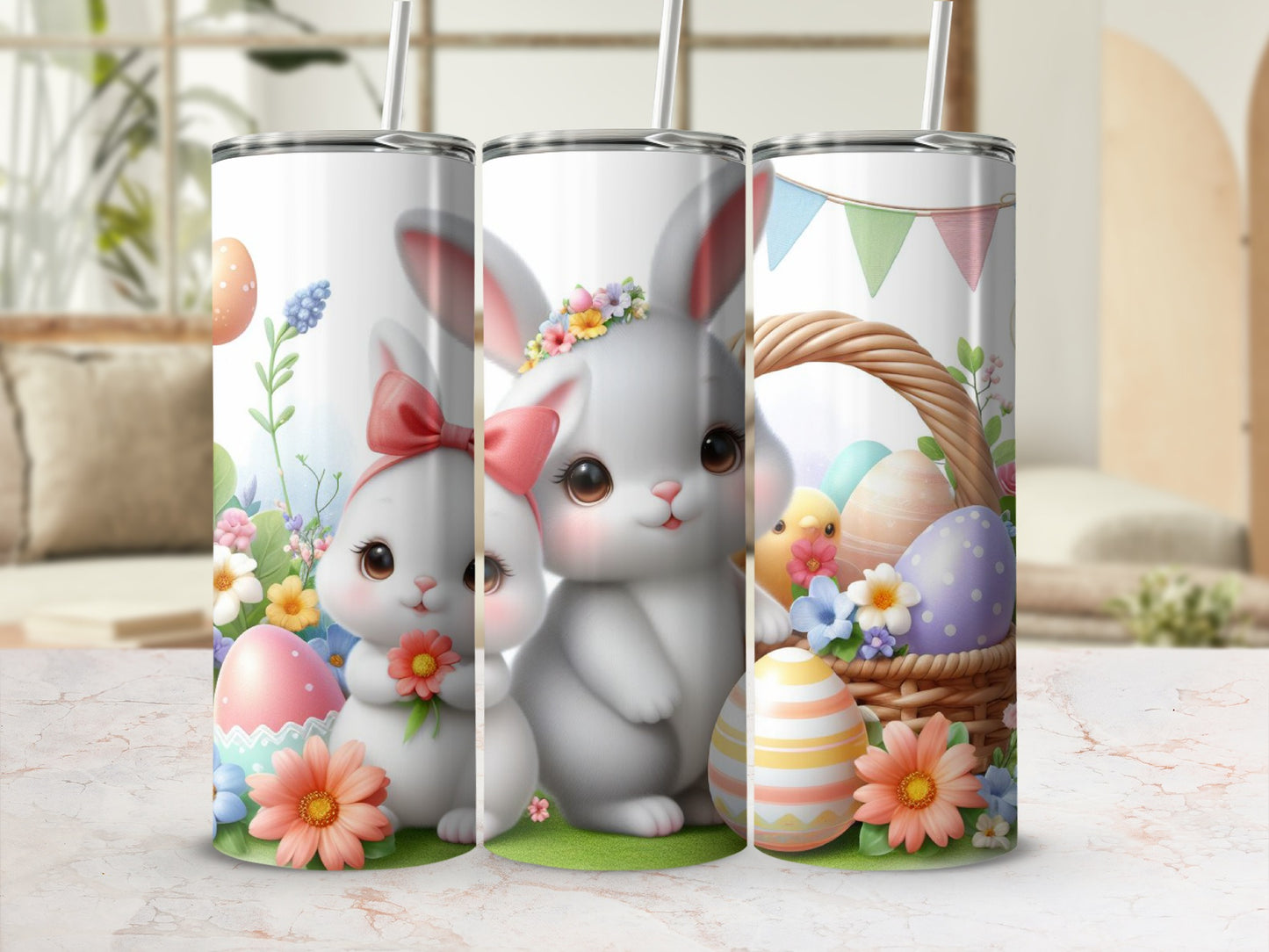 Easter bunnies with colorful eggs and flowers beside a basket.