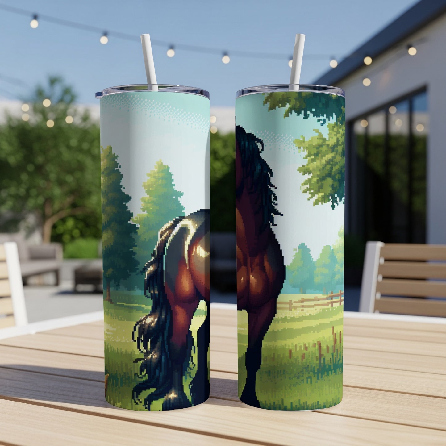 Pixel art horse illustration on two insulated tumblers with straws.