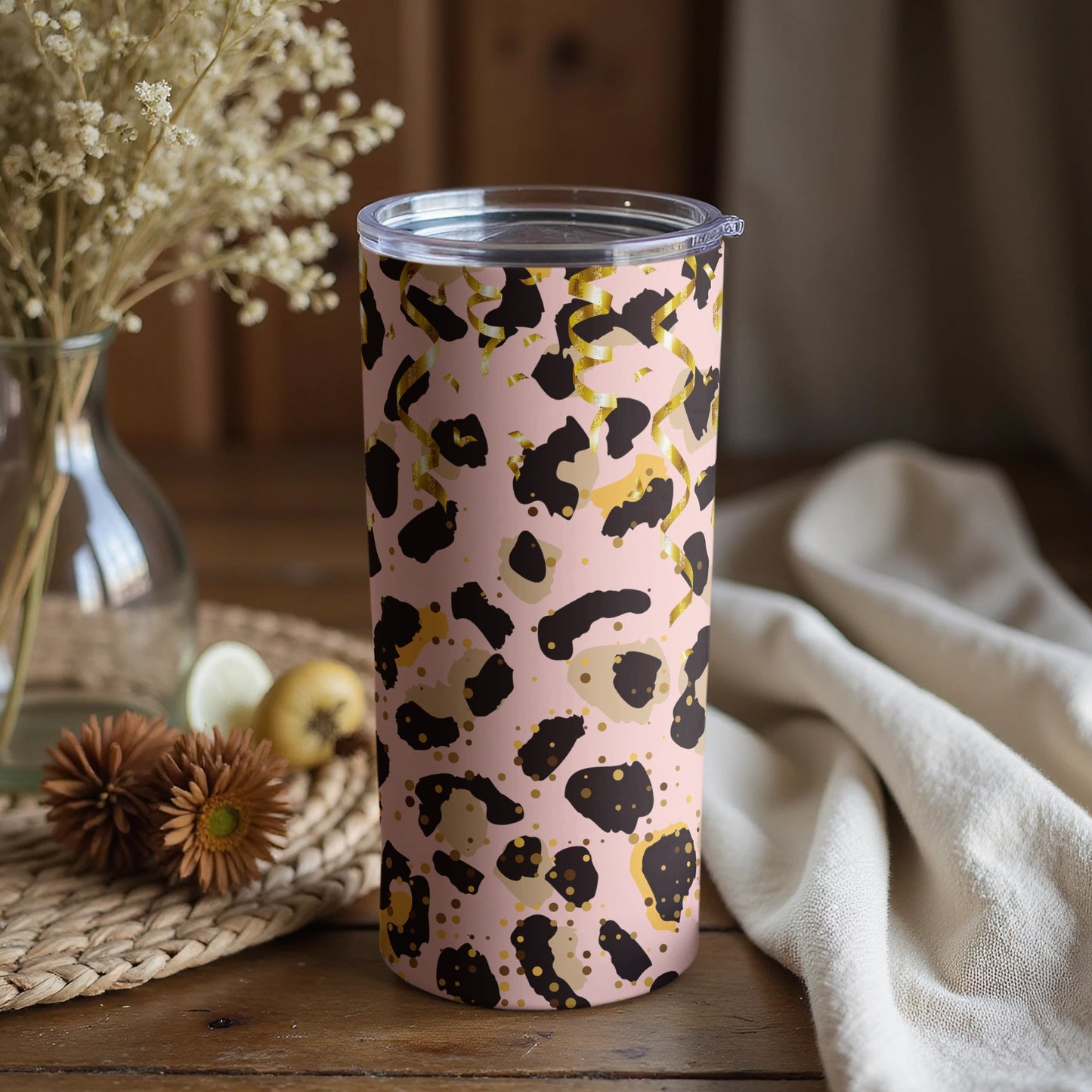 Stylish Pink and Black Leopard Print Tumbler Cup