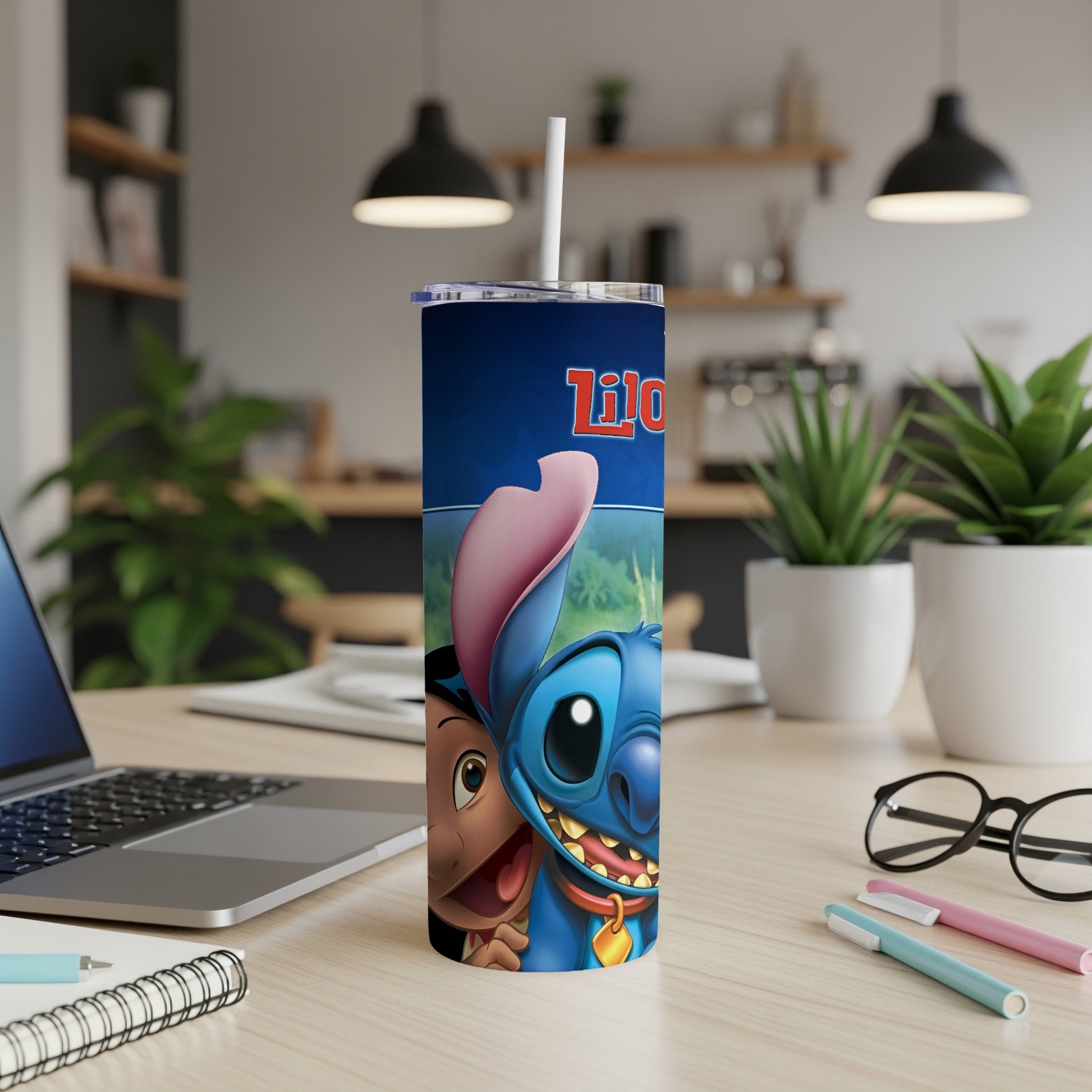 Lilo and Stitch characters smiling on a blue tumbler with a straw.