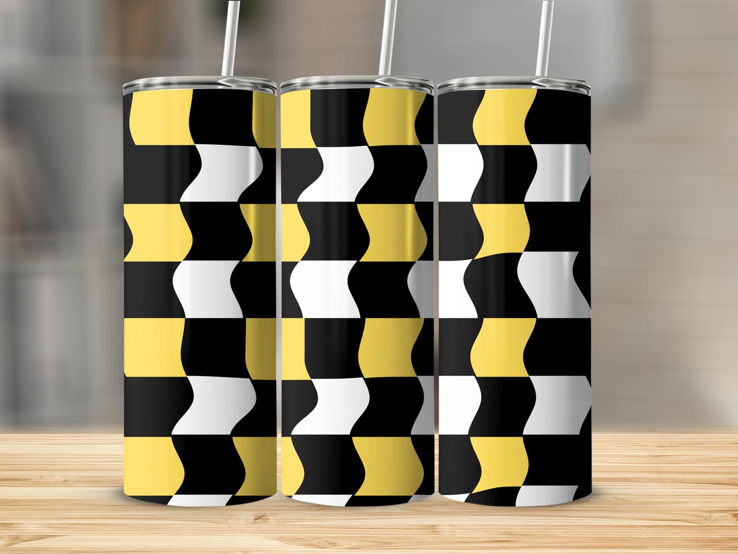 Three tumblers with a black, white, and yellow checkered wave pattern.