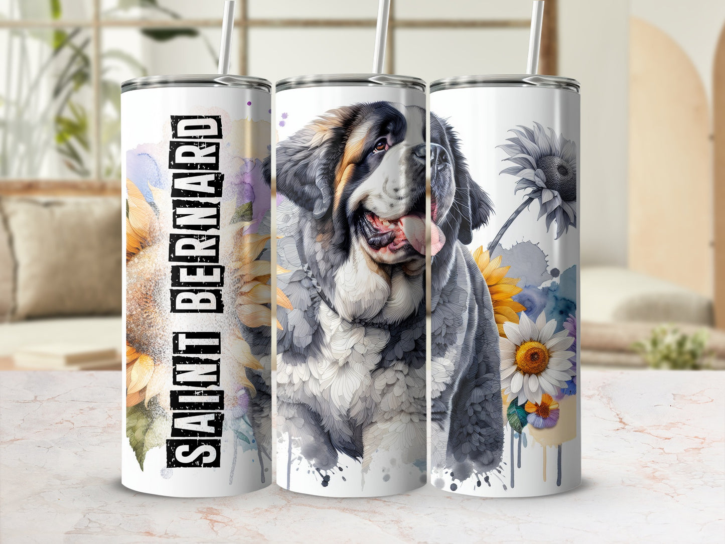 Saint Bernard dog with sunflowers on a tumbler.