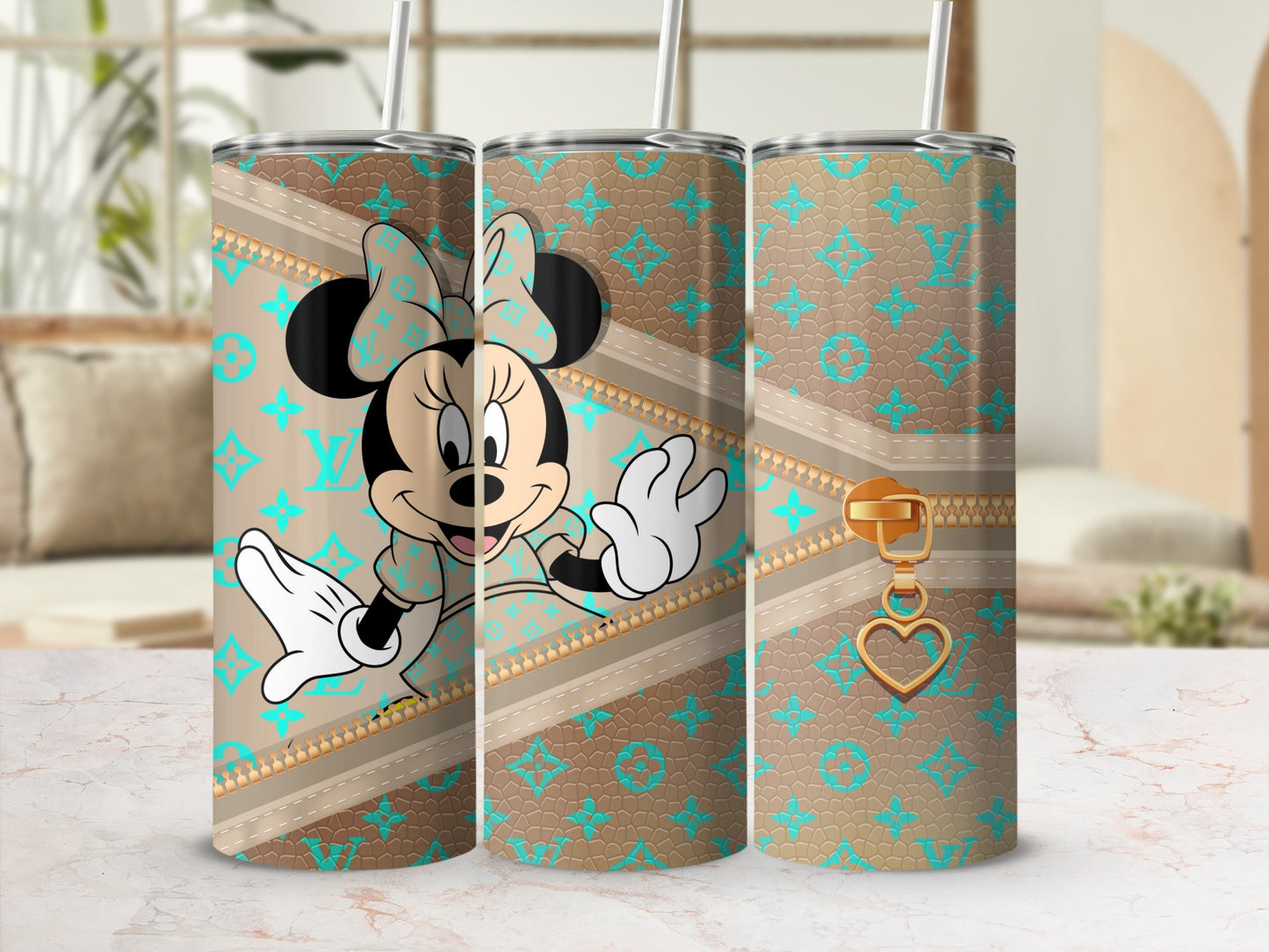 Minnie Mouse design on a tumbler with faux zipper and gold heart charm.