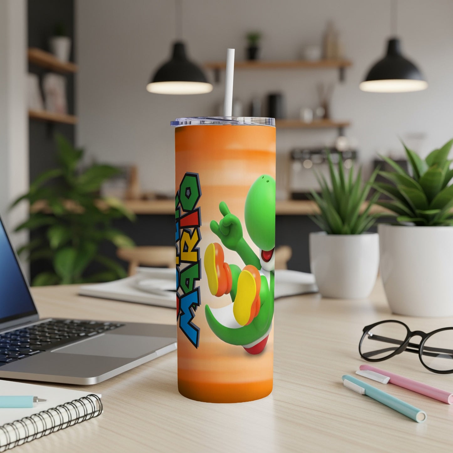 Yoshi character on orange tumbler with "MARIO" text.