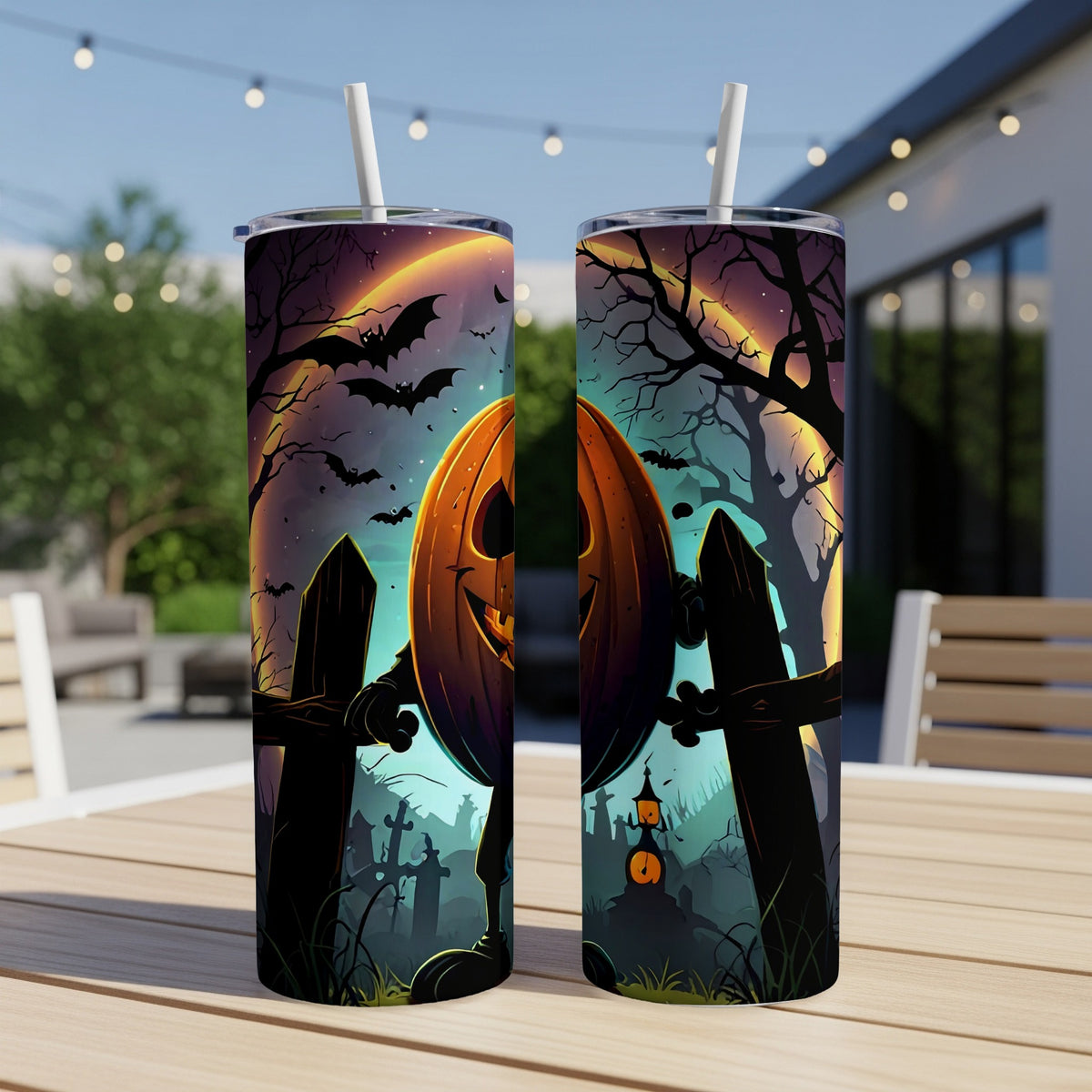 Halloween tumbler with jack-o'-lantern, bats, and graveyard scene.