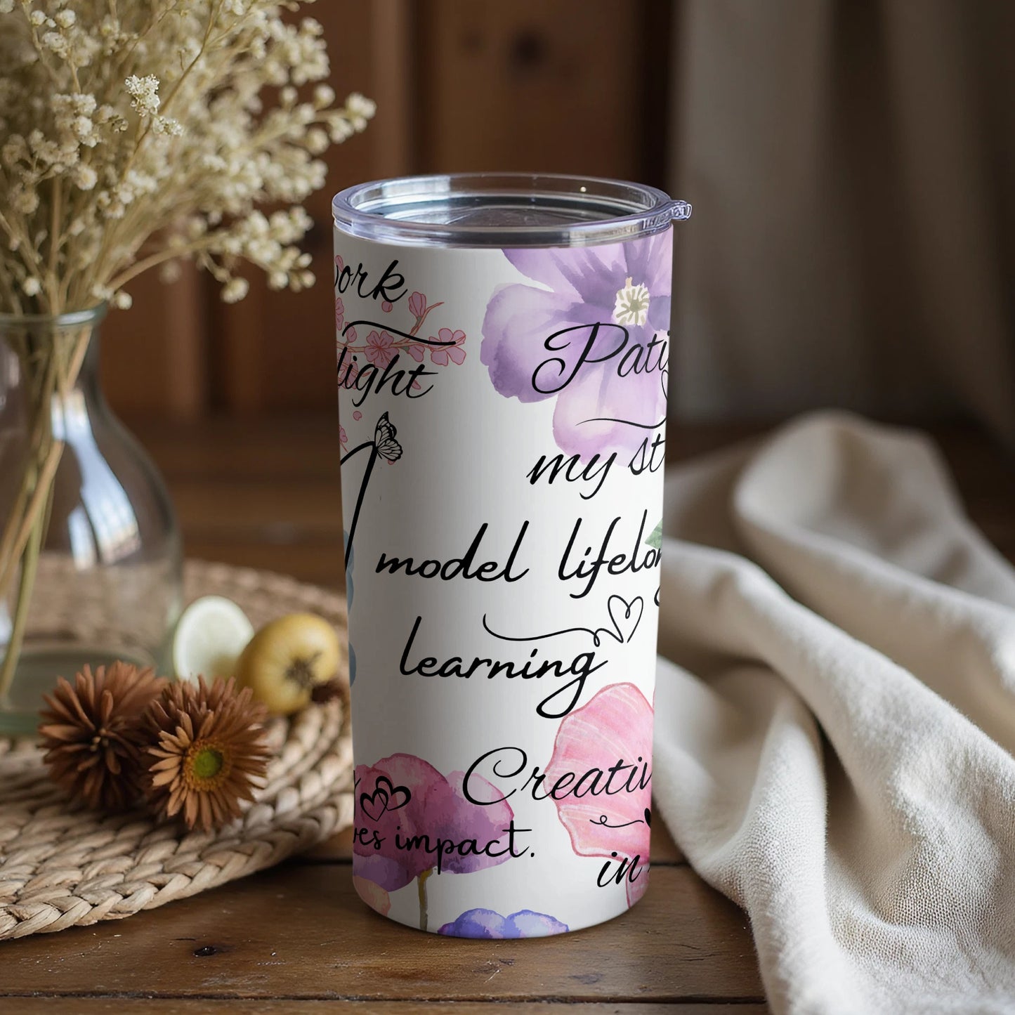 Inspirational Floral Design Tumbler with Positive Quotes