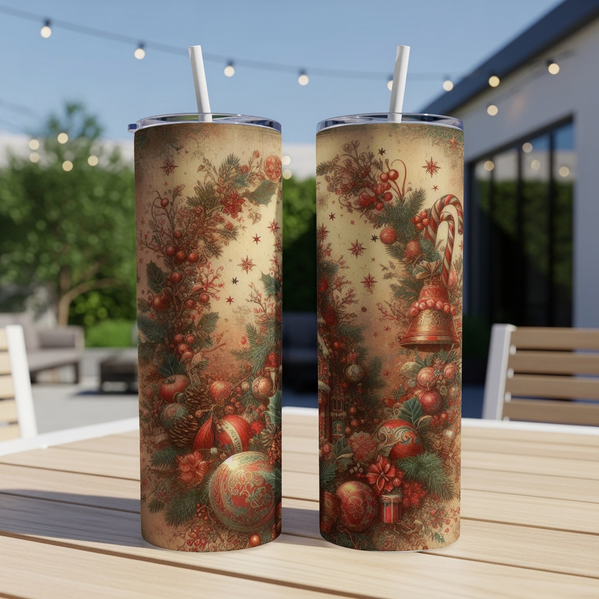 Two tall tumblers with vintage Christmas garland and ornaments design.