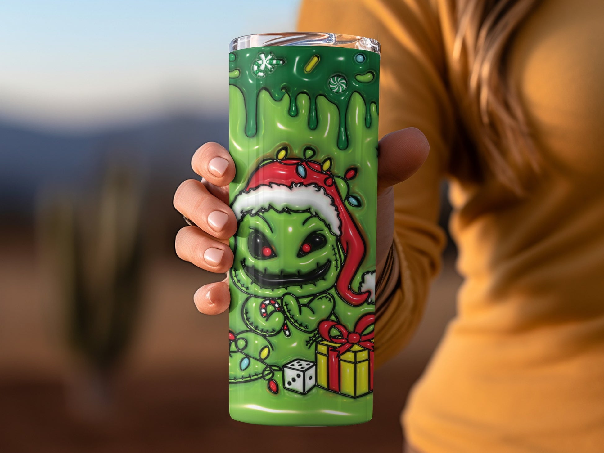 Green Christmas Creature Art Tumbler for Holiday Fun
