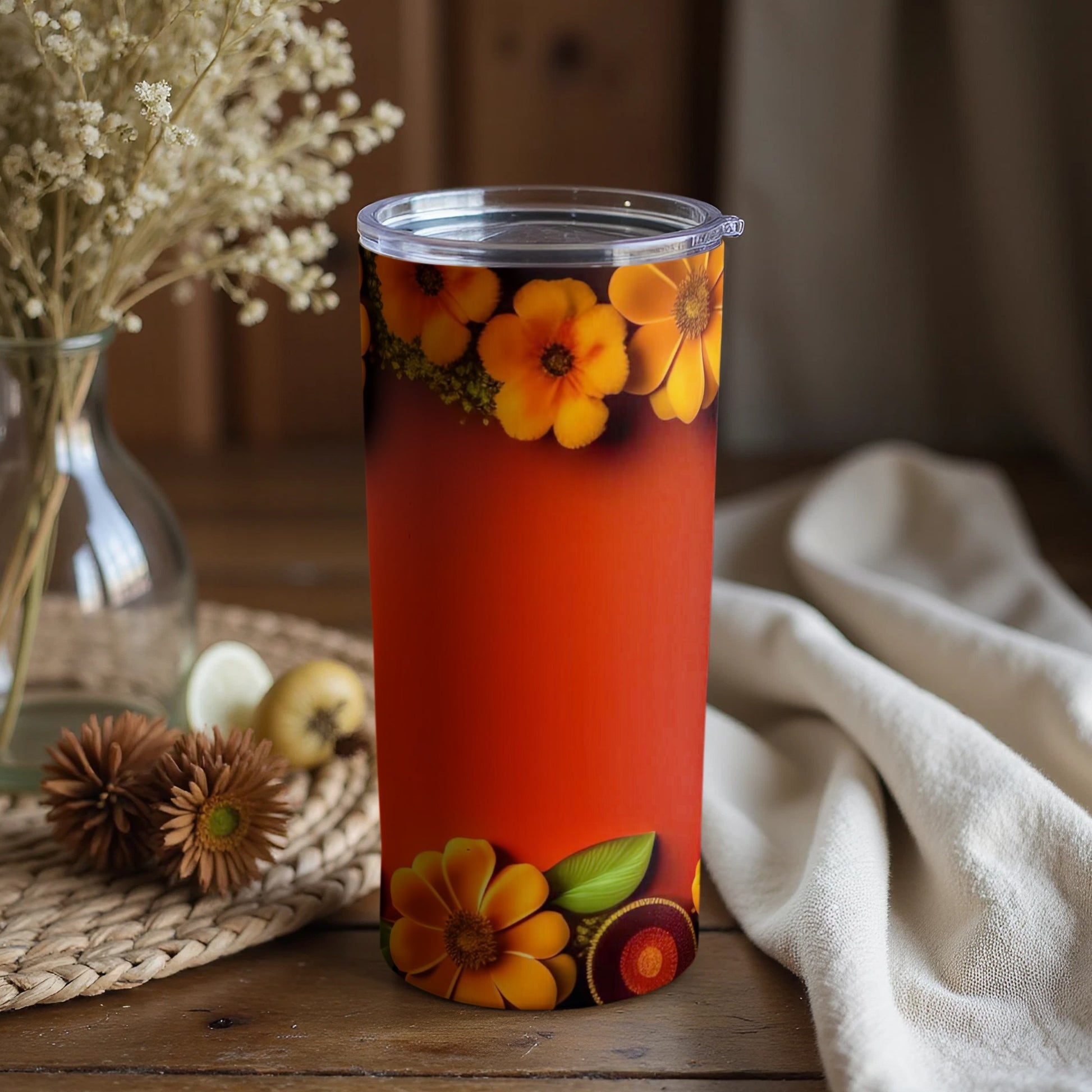 Orange Tumbler with Yellow Flower Pattern Design