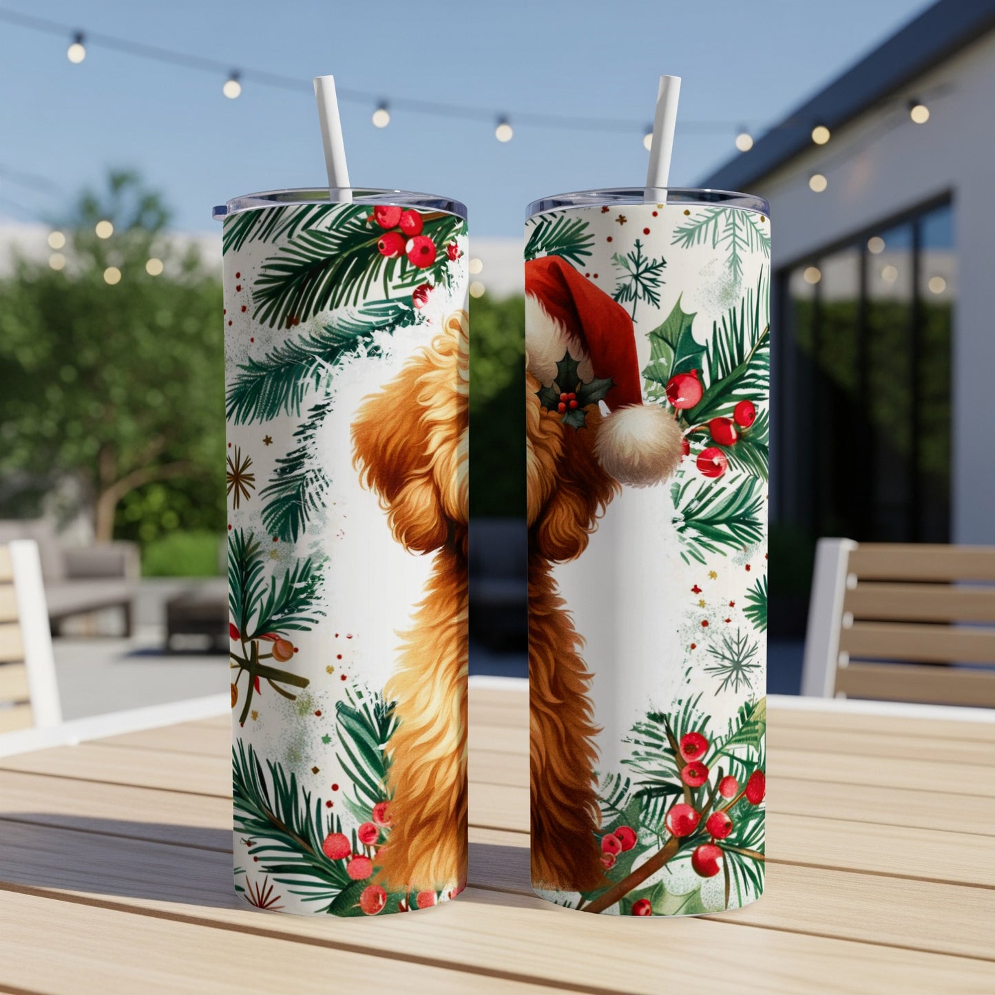 Two festive Christmas-themed tumblers with a doodle dog wearing a Santa hat.