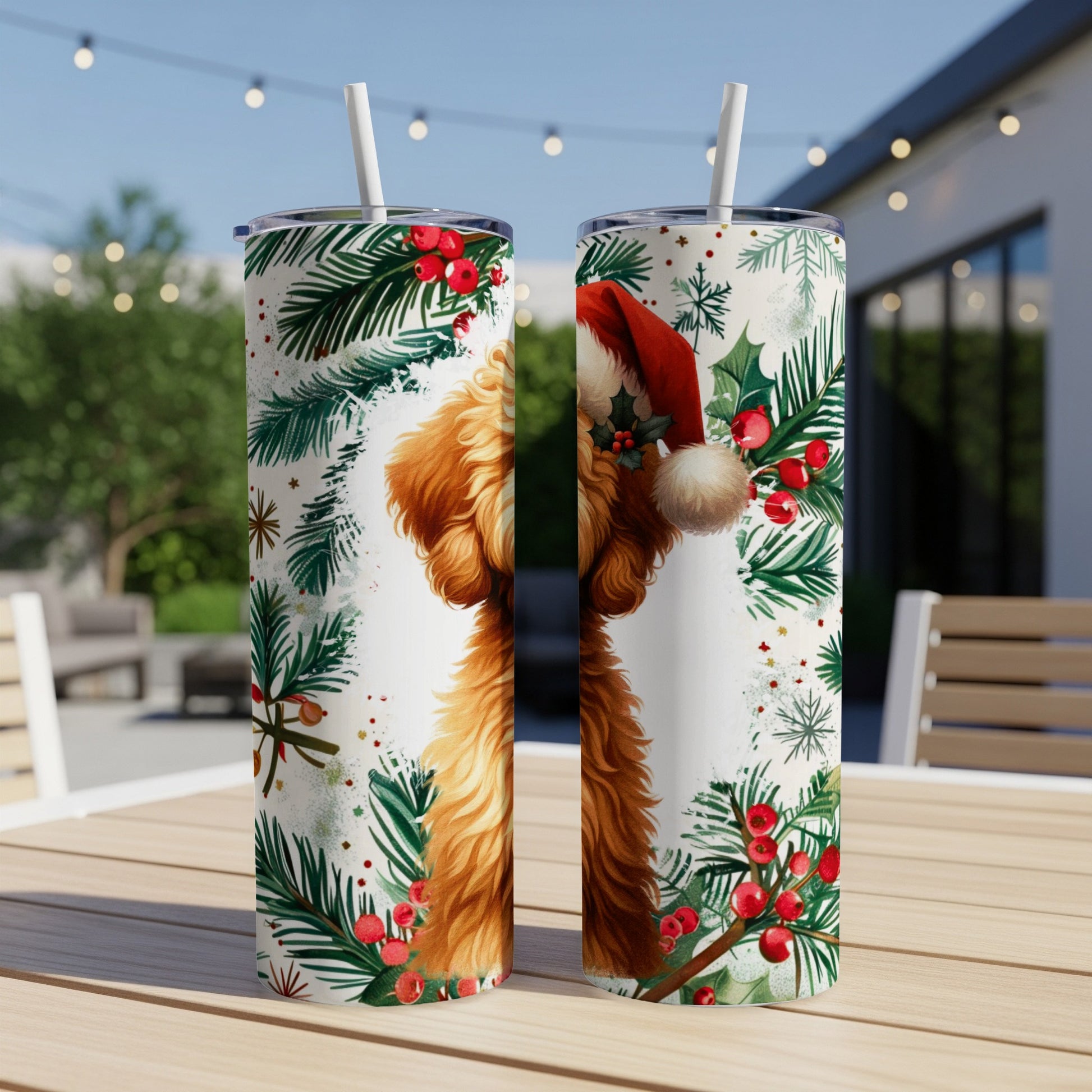 Two festive Christmas-themed tumblers with a doodle dog wearing a Santa hat.