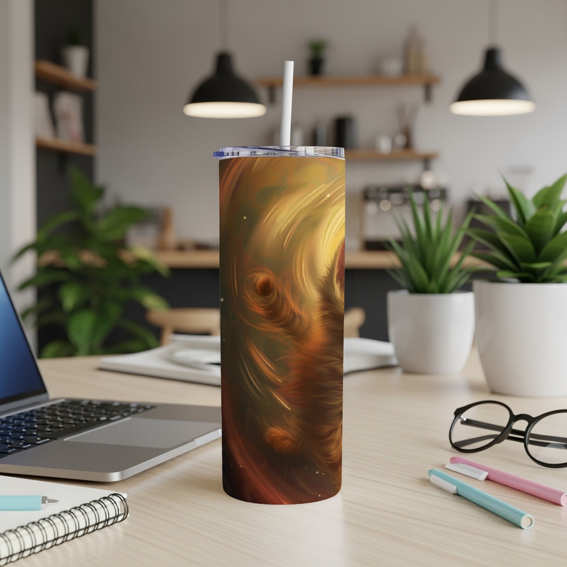 Orange and gold abstract swirl design on a skinny tumbler with straw.
