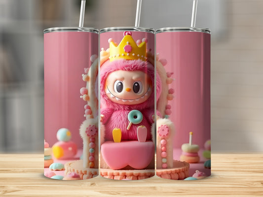 Cute Cartoon Monster Tumbler with Crown and Donut Art